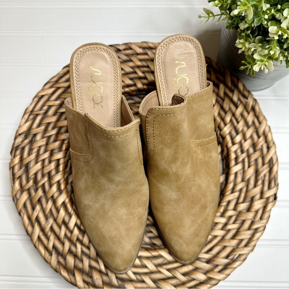 Sugar Tan Suede slide Heels Booties - Picture 1 of 7